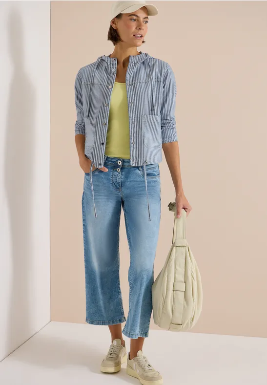 Gestreiftes Denim Overshirt Jacke mit Kapuze