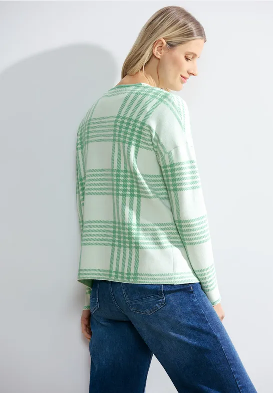 Grüne karierte Feinstrickjacke