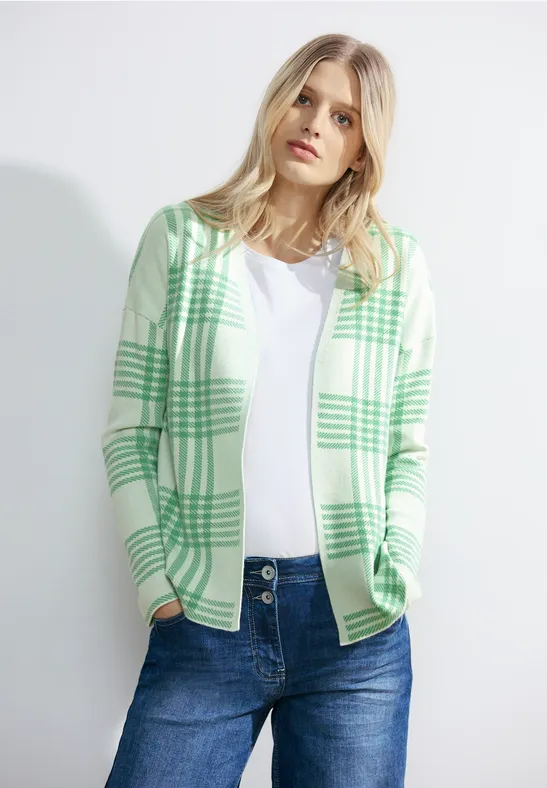 Grüne karierte Feinstrickjacke