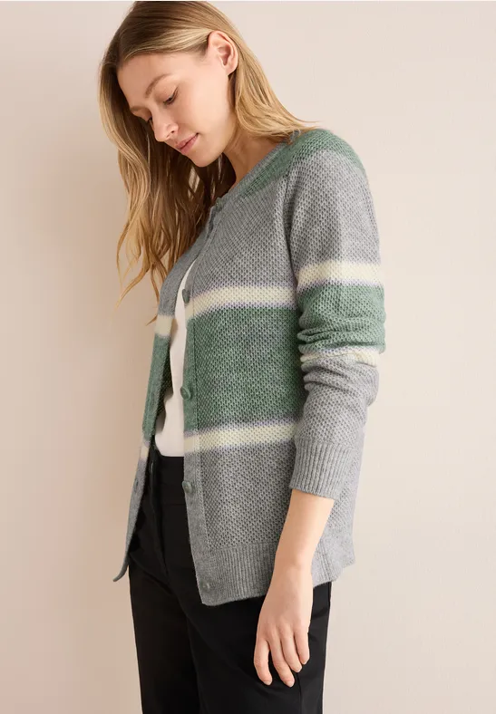 Gestreifte Strickjacke mit Rundhalsausschnitt