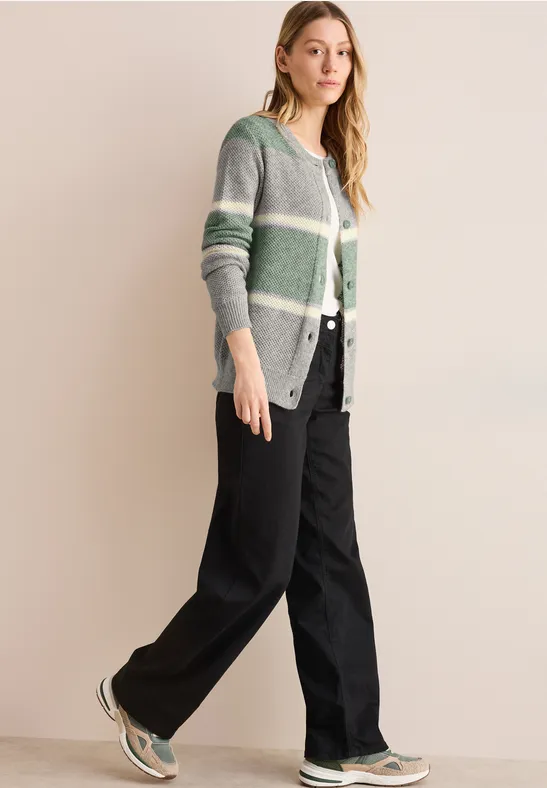 Gestreifte Strickjacke mit Rundhalsausschnitt