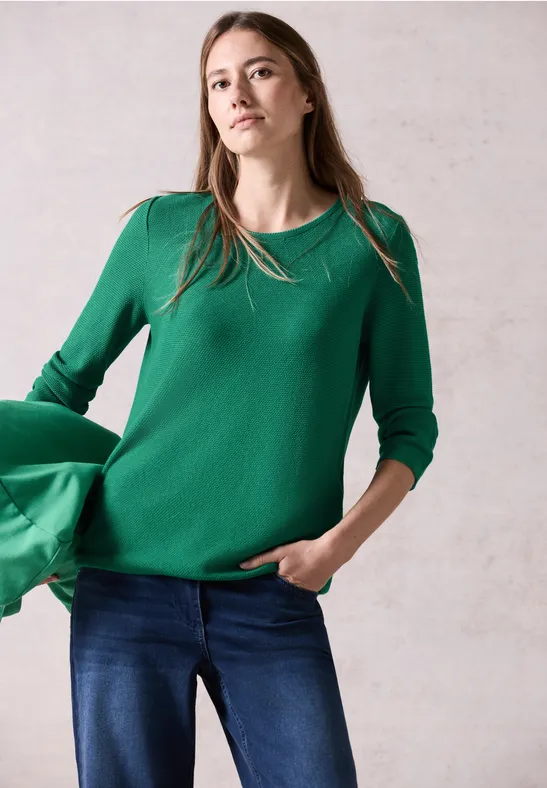 Grüner Strukturstrick Pullover aus Baumwollmischung