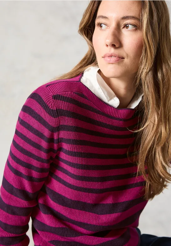 Gestreifter Feinstrick-Pullover aus Baumwolle