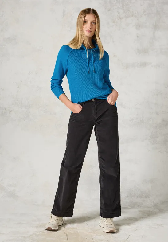 Gerippter Rollkragenpullover mit Kordelzug
