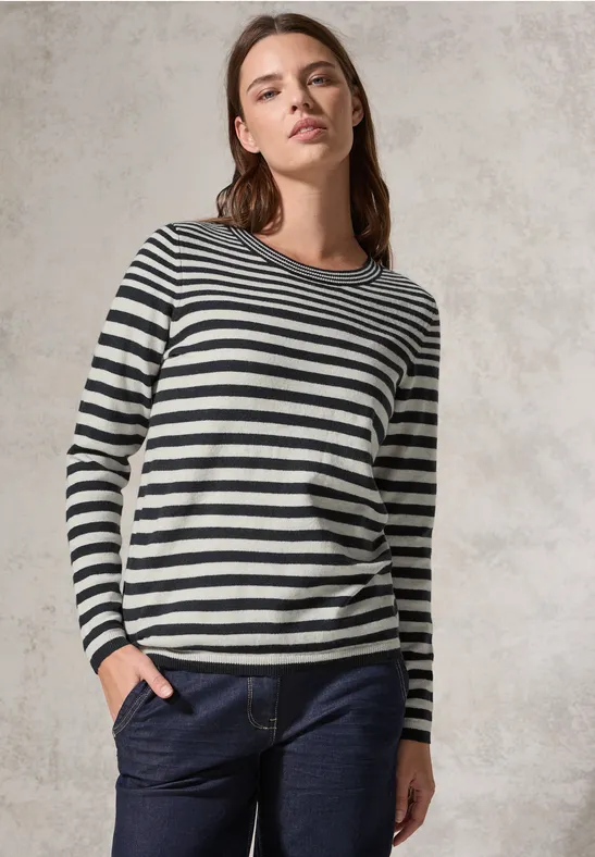 Gestreifter Feinstrick Langarm Pullover