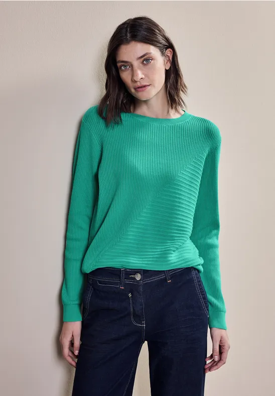 Strickpullover mit Rippenstruktur und Rundhalsausschnitt