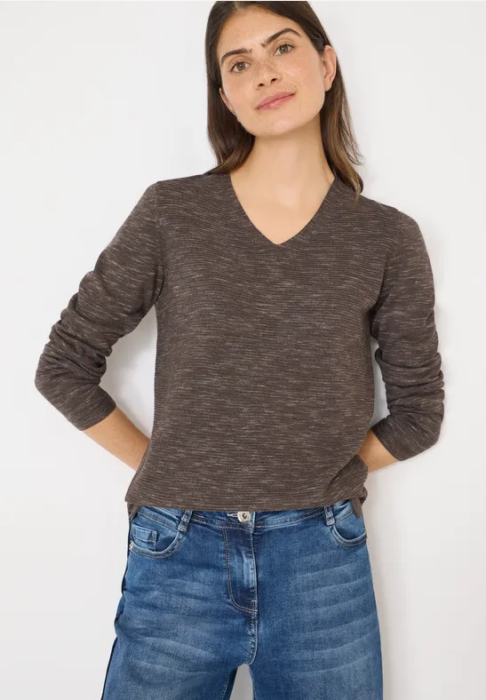 Melierter V-Ausschnitt Strickpullover
