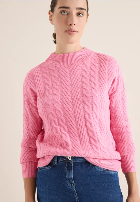 Strickpullover mit Zopfmuster und Stehkragen
