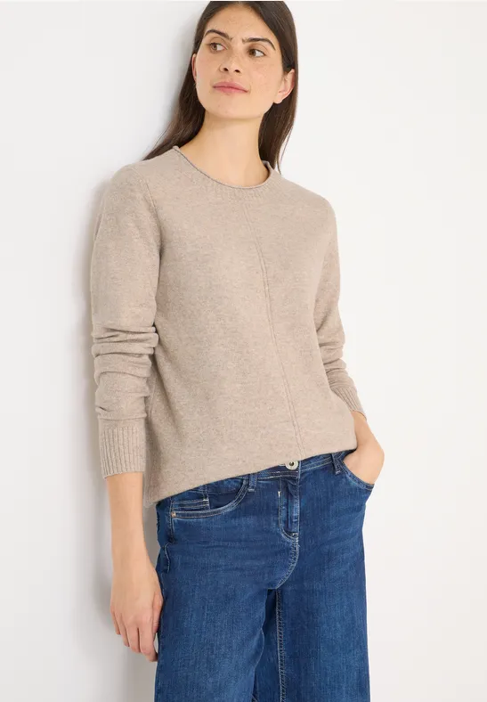 Beiger Strickpullover mit Rundhalsausschnitt