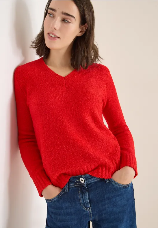 Strukturierter V-Ausschnitt Langarm Pullover