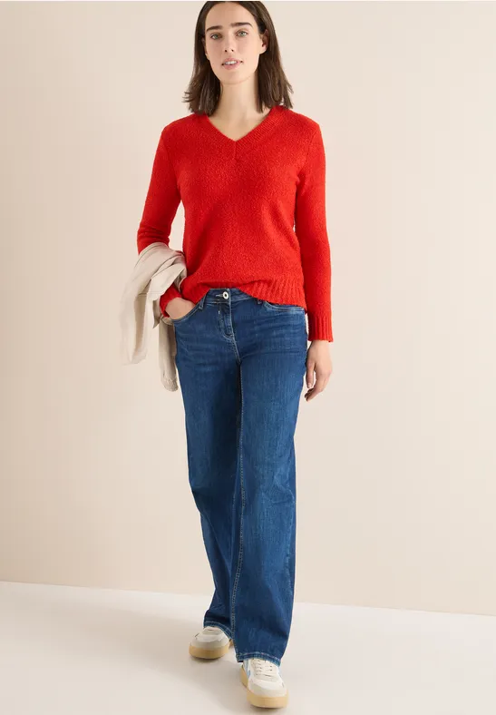 Strukturierter V-Ausschnitt Langarm Pullover