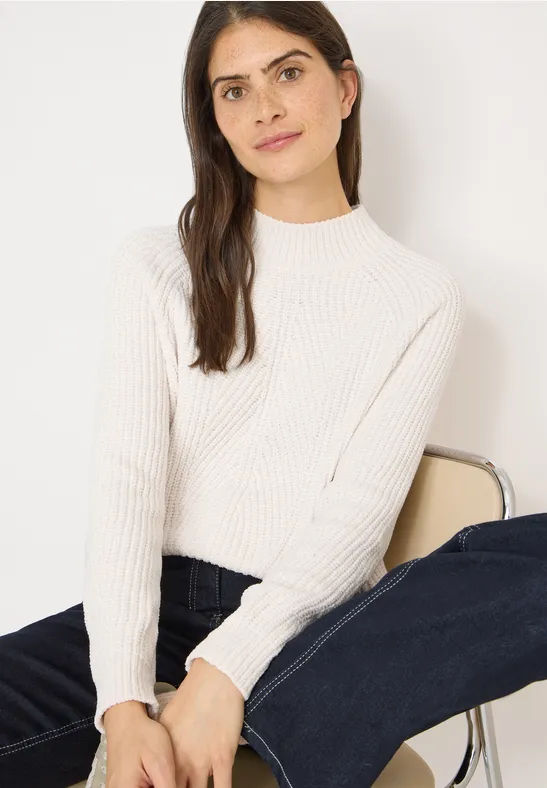 Damen Cremefarbener Chenille Rollkragenpullover