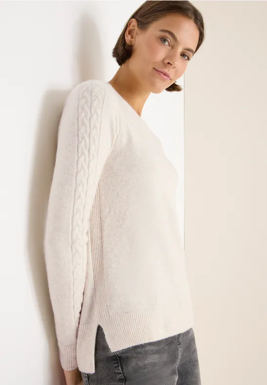 Damen Beige Zopfmuster Ärmel Pullover