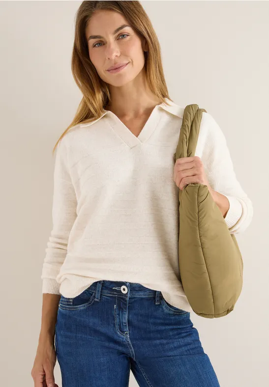 Damen Strickoberteil mit Struktur und Polokragen