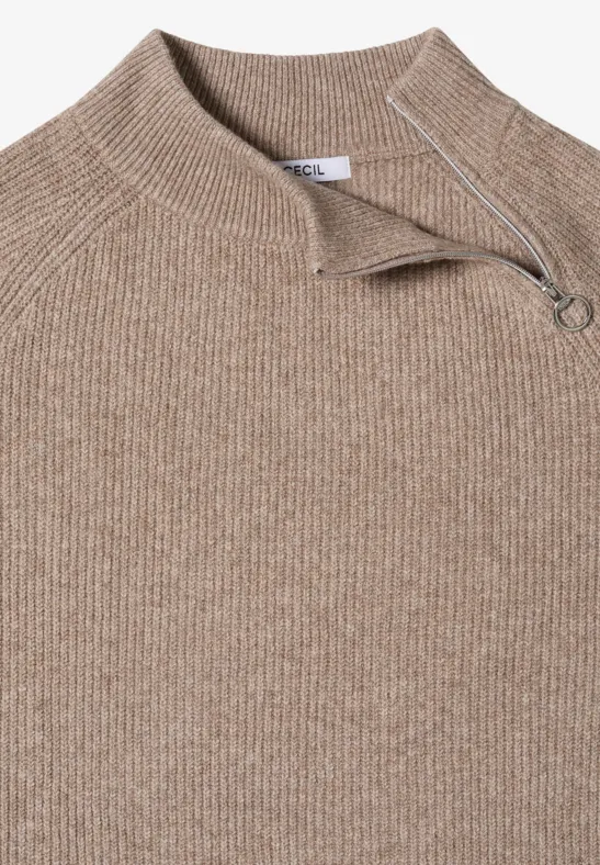 Gerippter Strickpullover mit Rollkragen und Reißverschluss