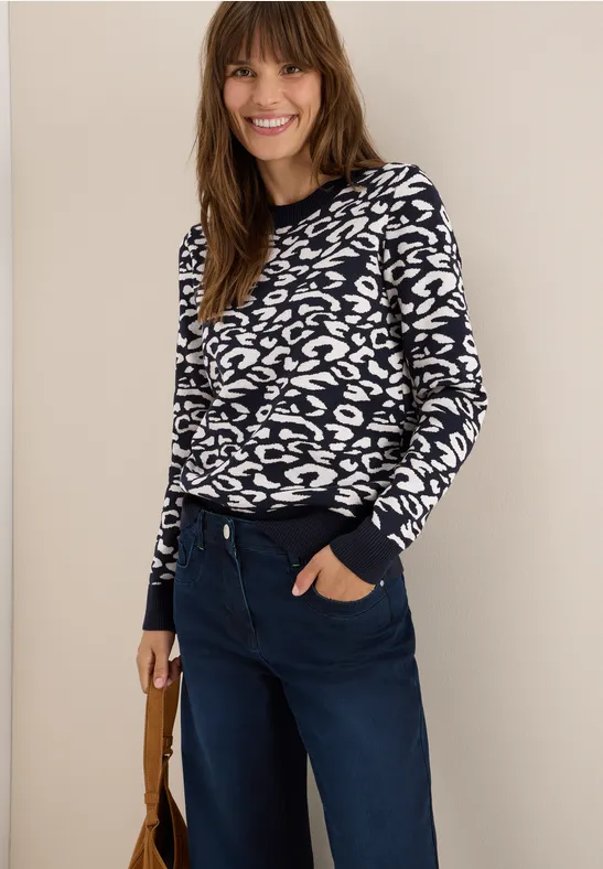 Jacquard Strickpullover mit Leopardenmuster