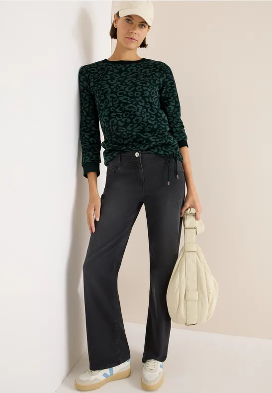 Grünes Sweatshirt mit Leopardenmuster und Kordelzug