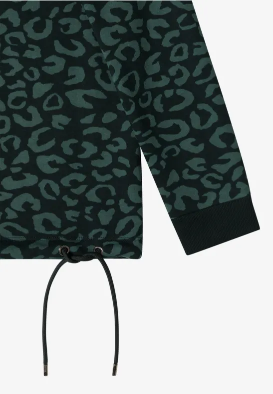 Grünes Sweatshirt mit Leopardenmuster und Kordelzug