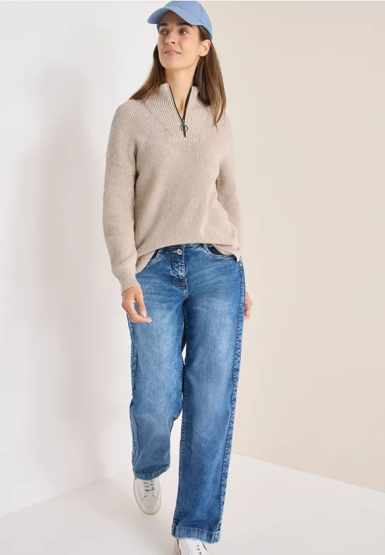 Damen Strickpullover mit Troyerkragen und Reißverschluss