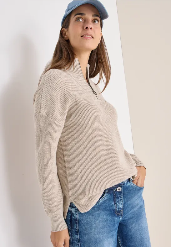 Damen Strickpullover mit Troyerkragen und Reißverschluss