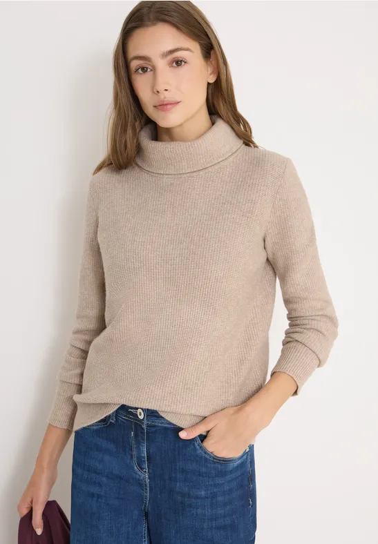 Beige Strukturierter Rollkragen Strickpullover