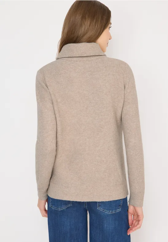 Beige Strukturierter Rollkragen Strickpullover