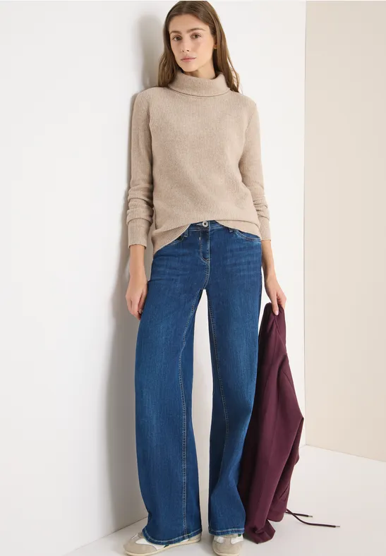 Beige Strukturierter Rollkragen Strickpullover