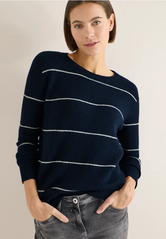 Gestreifter Baumwoll-Pullover mit Rundhalsausschnitt