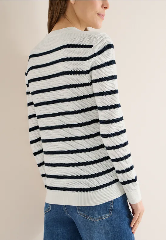 Gestreifter Baumwoll-Pullover mit Rundhalsausschnitt