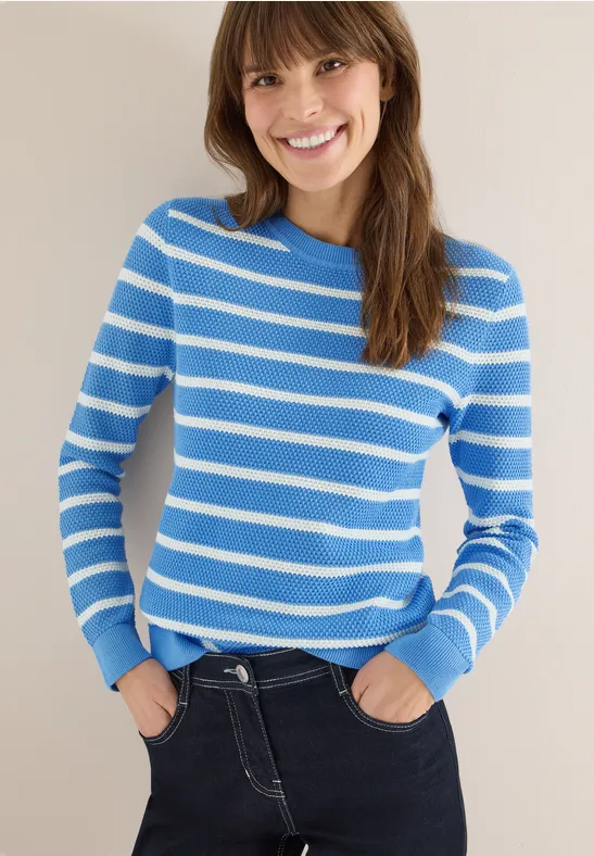 Gestreifter Baumwoll-Pullover mit Rundhalsausschnitt