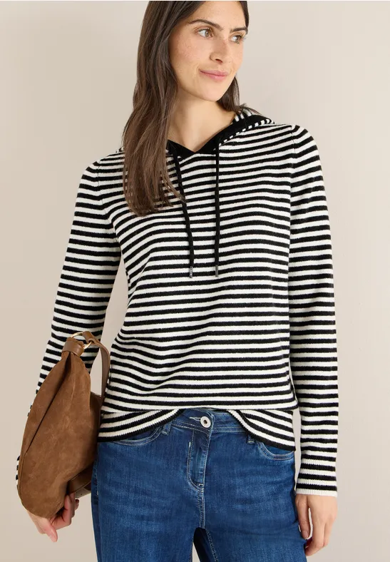 Gestreifter Strick-Hoodie mit Kordelzug