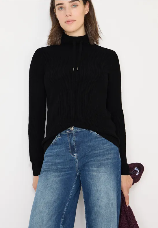 Gerippter Strick-Rollkragenpullover mit Kordelzug