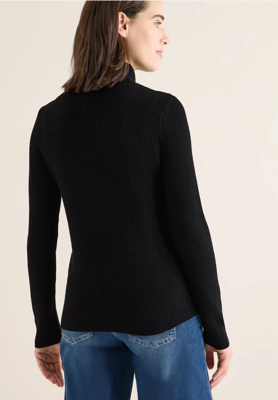 Gerippter Strick-Rollkragenpullover mit Kordelzug
