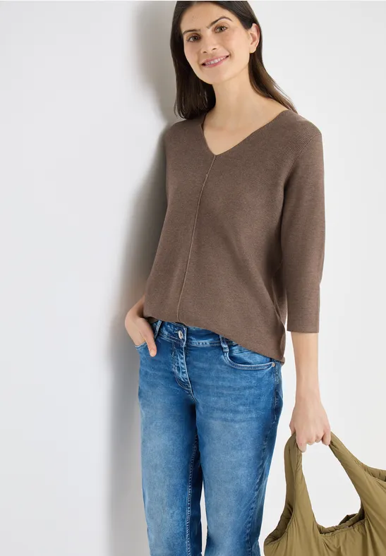 Strukturierter V-Ausschnitt 3/4-Arm Pullover
