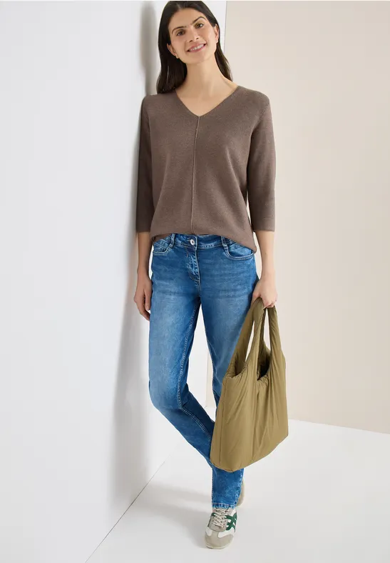 Strukturierter V-Ausschnitt 3/4-Arm Pullover