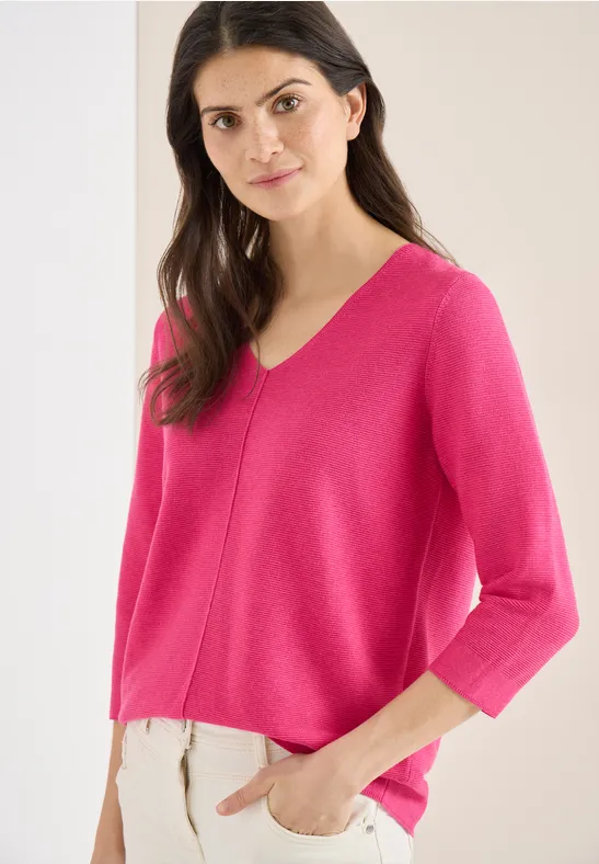 Strukturierter V-Ausschnitt 3/4-Arm Pullover