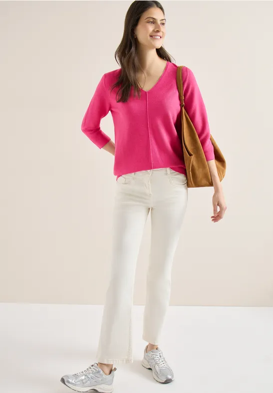 Strukturierter V-Ausschnitt 3/4-Arm Pullover