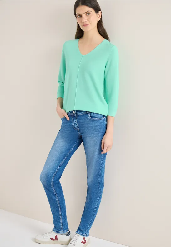 Strukturierter V-Ausschnitt 3/4-Arm Pullover