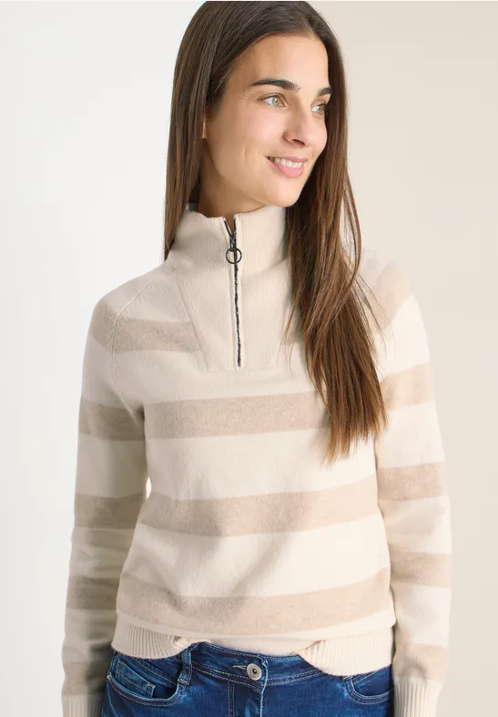 Gestreifter Troyer-Pullover mit halbem Reißverschluss