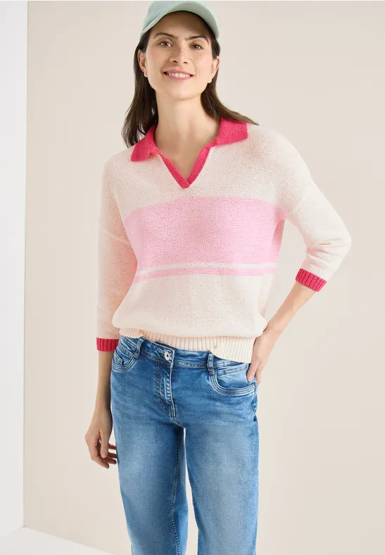 Gestreifter Bändchengarn Polo-Pullover