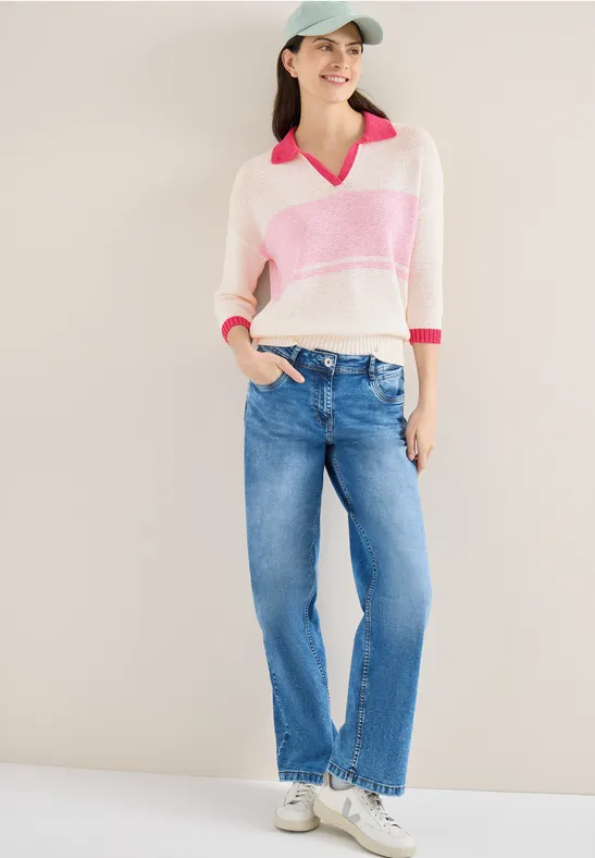 Gestreifter Bändchengarn Polo-Pullover