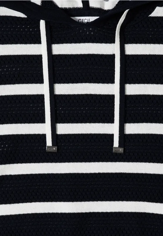 Gestreifter Kurzarm-Strickpullover mit Kapuze