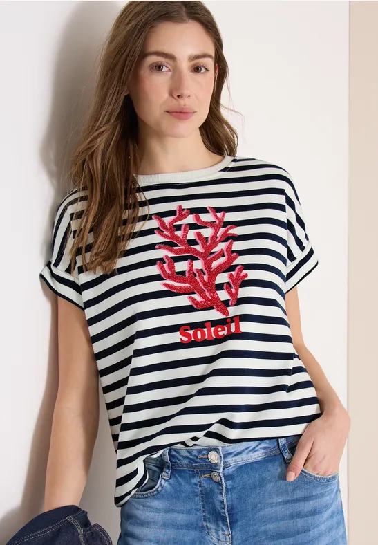 Gestreiftes Kurzarm-Sweatshirt mit Grafik