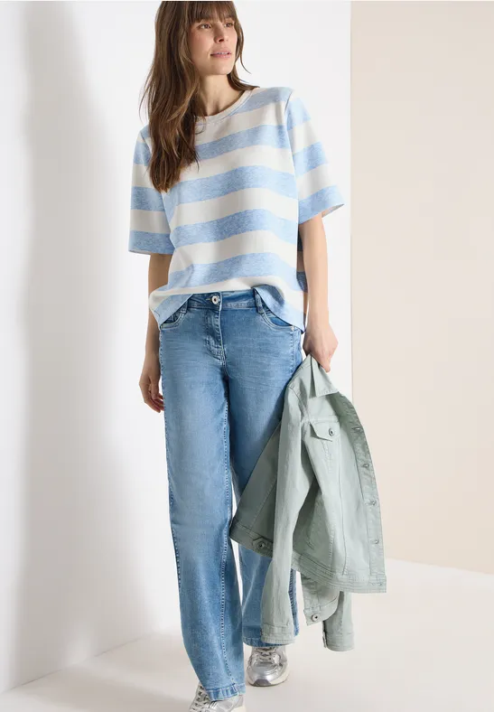 Gestreiftes Kurzarm-Sweatshirt in Blau und Weiss