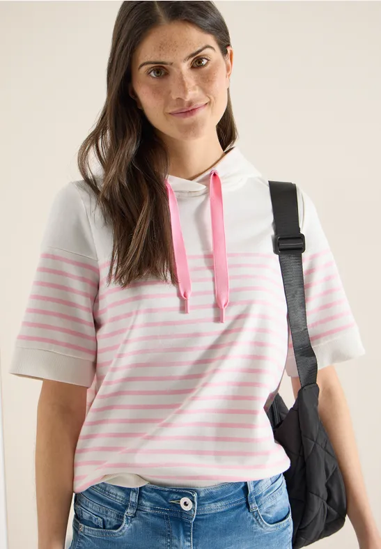 Gestreiftes Kurzarm-Sweatshirt mit Kapuze