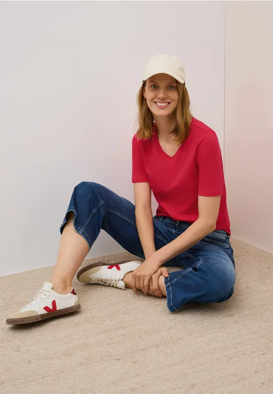 Basic Kurzarm T-Shirt mit V-Ausschnitt