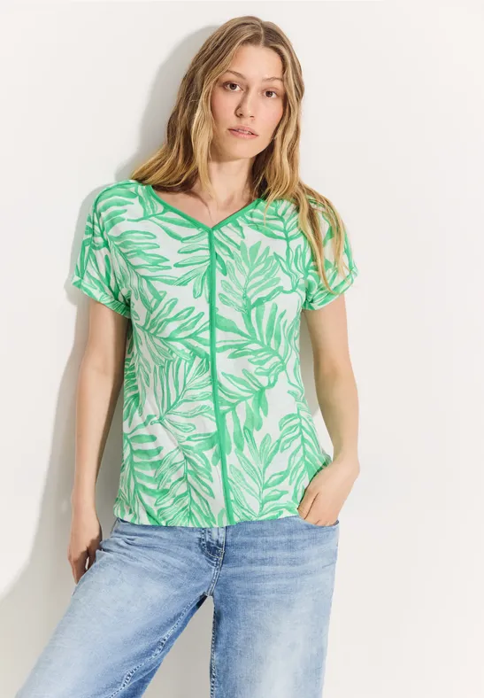 T-Shirt aus Leinenmischung mit Blattdruck