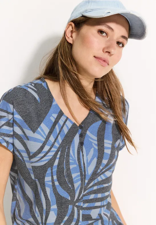 Kurzarm V-Ausschnitt T-Shirt mit Print