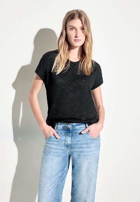 T-Shirt mit Ajourmuster und Rundhalsausschnitt