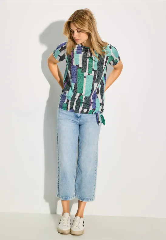 T-Shirt mit abstraktem Burnout-Print und Knoten